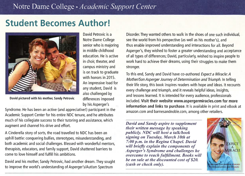 “Student Becomes Author!” As appeared in the spring 2015 edition of The Nest (newsletter of Notre Dame College’s Academic Support Center).
